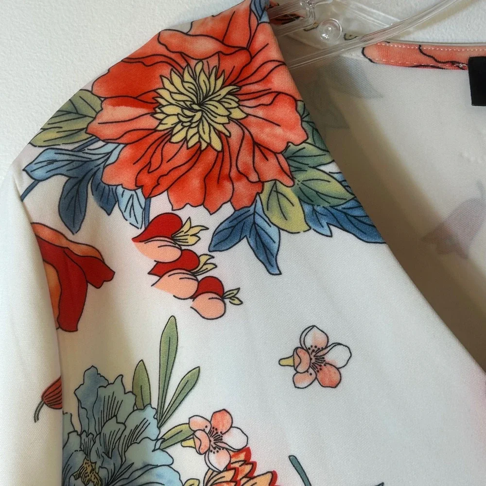 ABS Collection‎ Floral Oriental Print V-Neck Bell Sleeve Shift Dress XL White